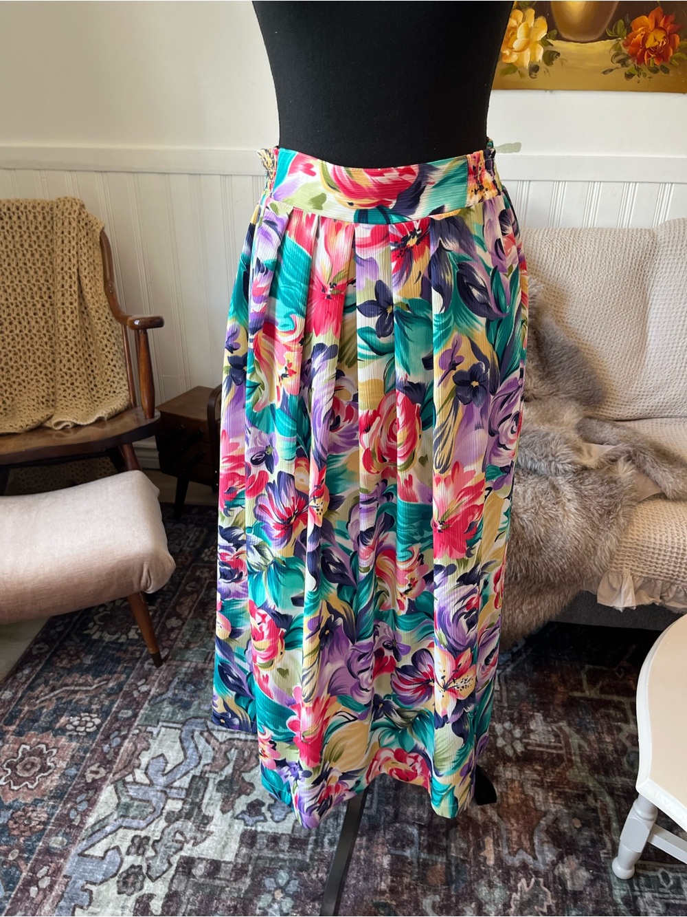 Fairset Vintage Floral Summer Multicolor Maxi Skirt Size S/M Stretchy Waist 26” - Picture 2 of 9